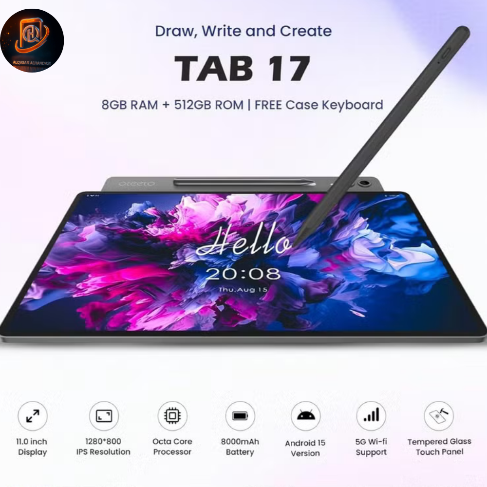 تاب 17 – جهاز لوحي أندرويد بشاشة 11 بوصة – 8 جيجابايت رام، 512 جيجابايت تخزين – واي فاي 5G – بطارية 8000 مللي أمبير – مع غلاف لوحة مفاتيح وقلم – أسود - الصورة 2